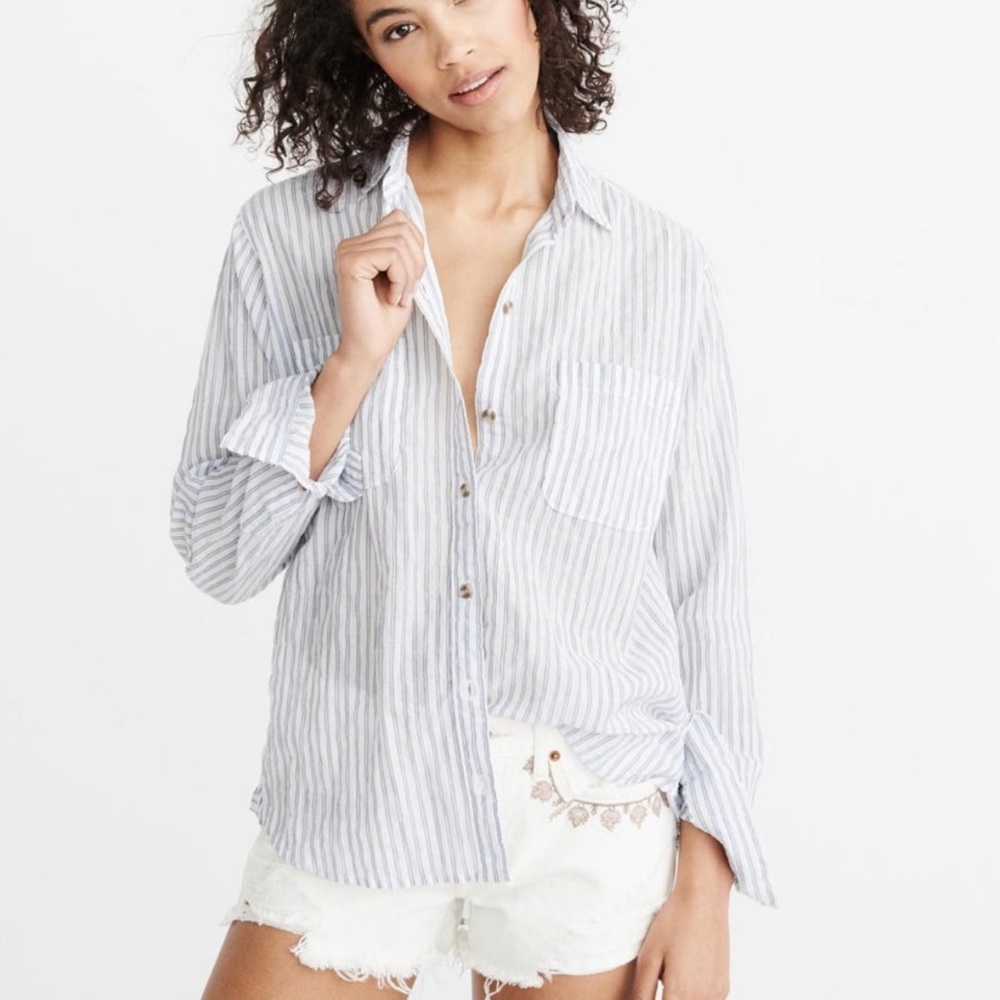 Abercrombie & Fitch cream and Navy oversized linen shirt